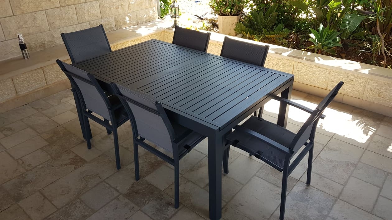 שולחן אלומיניום עם משטח אלומיניום אפור עכבר 90X135X270 +  ששה כסאות אלומיניום בורמה AT2251 BURMA
