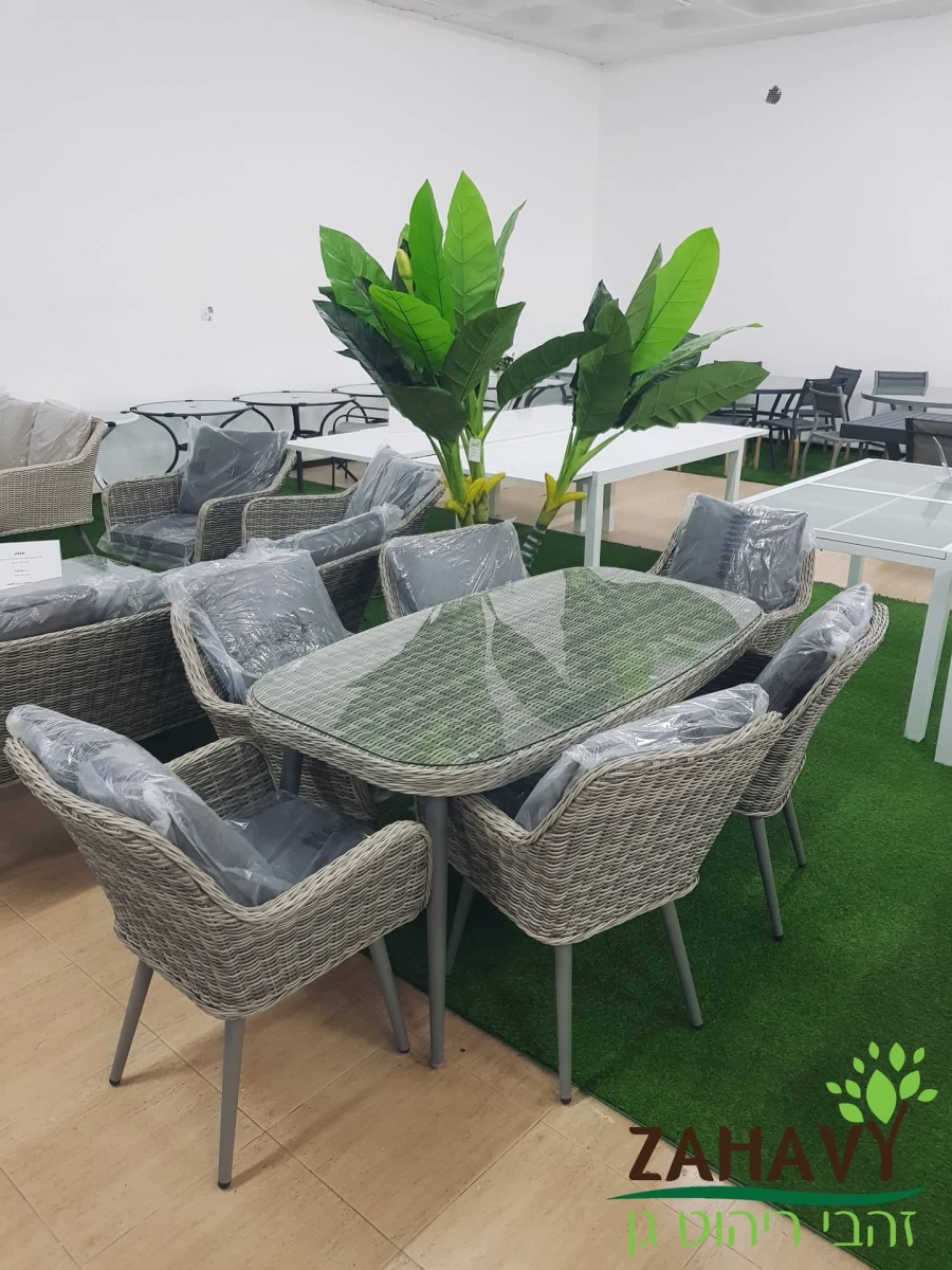 שולחן אלומיניום בחיפוי ראטן סינטטי אפור רגל גבוהה + 6 כרסאות מלגה MALAGA RT3009